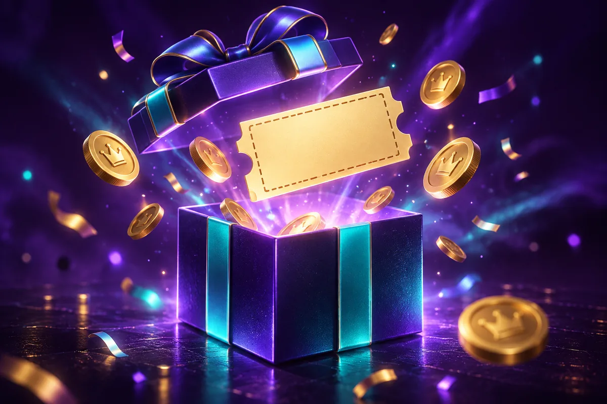 Gift box opening with gold coins and a bonus ticket
