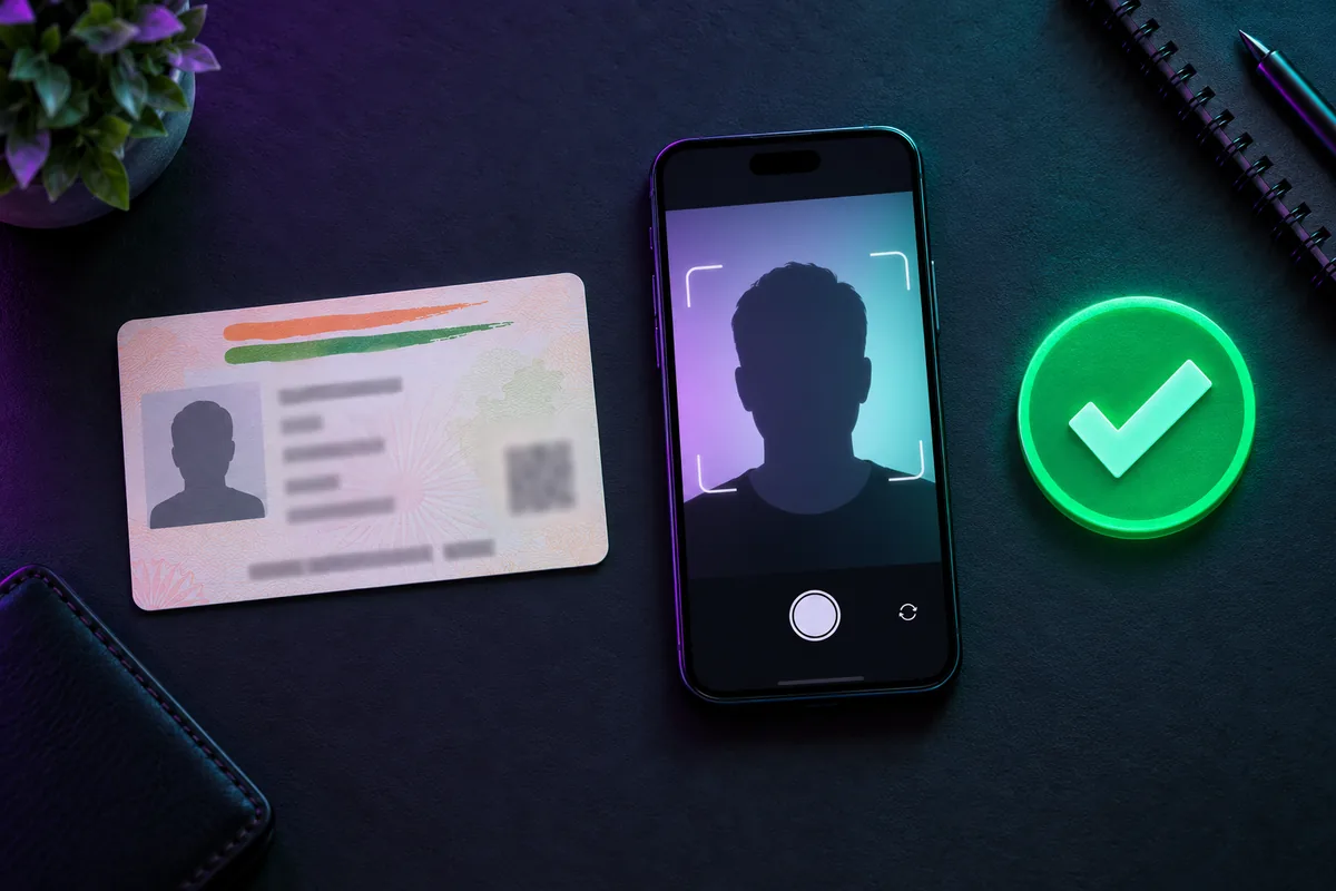 ID card, phone taking a selfie and a verified tick for 1win KYC